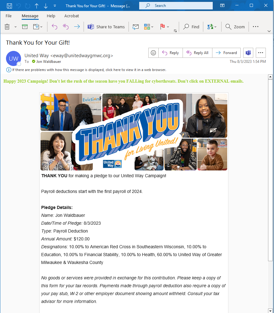 2023 Demo Screenshot of Confirmation Email