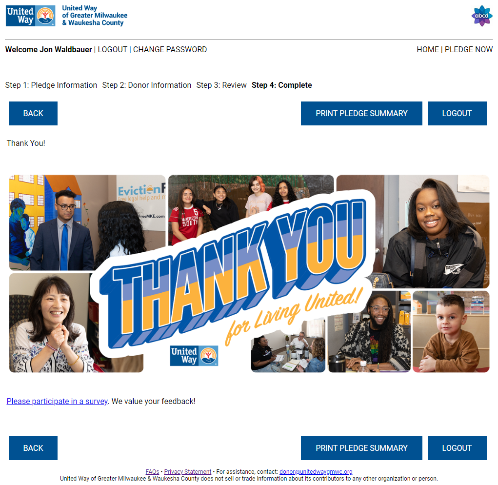 2023 Demo Screenshot of Confirmation Page