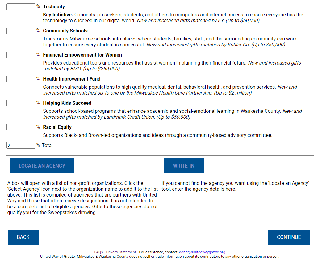 2023 Demo Screenshot of United Way Designation Options - Locate An Agency
