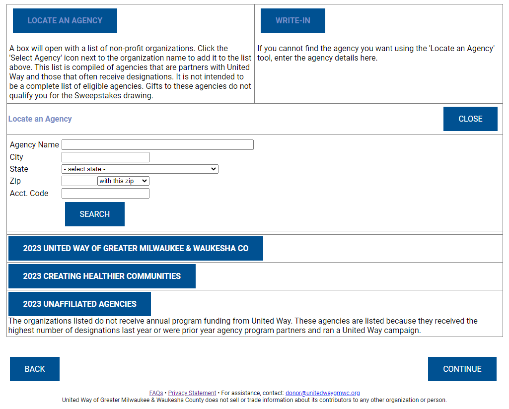 2023 Demo Screenshot of United Way Designation Options - Locate An Agency Lists