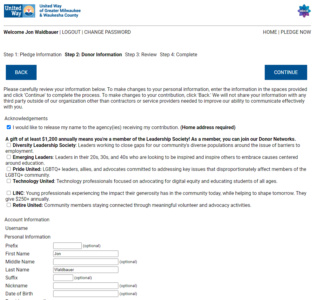2023 Demo Screenshot of Donor Information