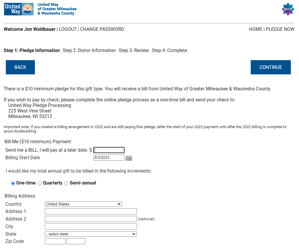 2023 Demo Screenshot of Bill Me Payment Type