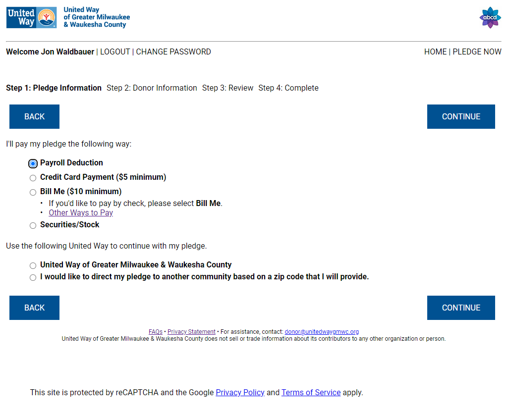 2023 Demo Screenshot of Pledging Process