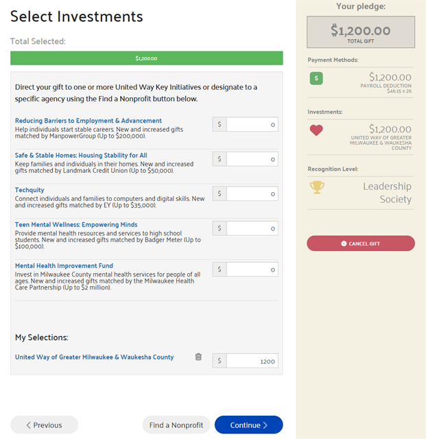 Give at Work - Selected Investments