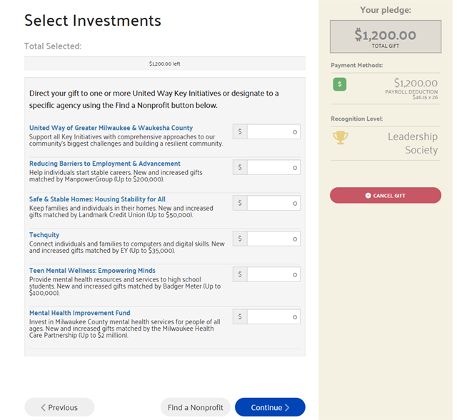 Give at Work - Select Investments
