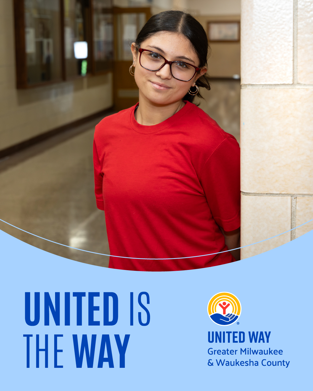 Image of student in the hallway with United is the Way