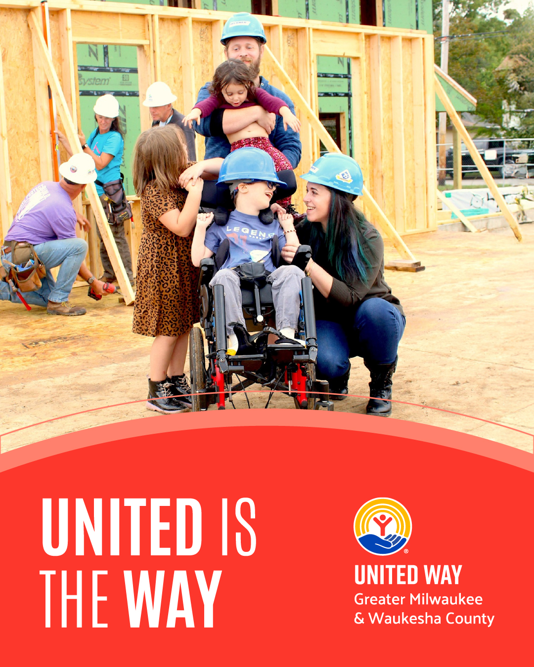 Image of Family in front of building house with United is the Way